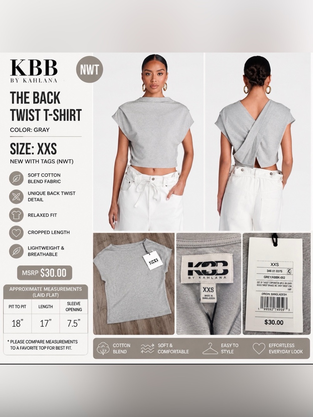 kbb by kahlana women’s the back twist cropped t-shirt gray nwt xxs